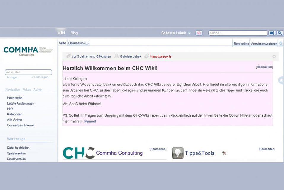 Screenshot vom Unternehmenswiki Commha Consulting.